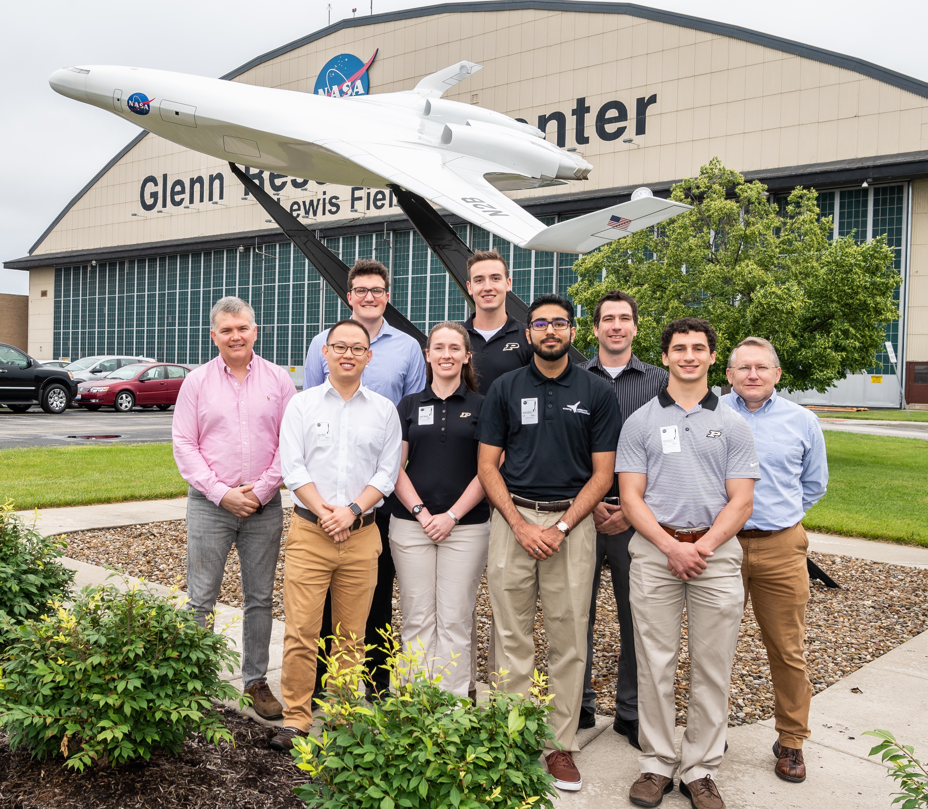 PHOTO: The group at NASA Glenn in Cleveland: (Back, left to right) NASA’s Roger Dyson, Purdue student Colfax Putt, Purdue student Alex Kirtley, Purdue student Richard Brookes, NASA’s Paul Nelson; (front, left to right) Purdue student Yuhan Roh, Purdue student Jessica Hoke, Purdue student Ali Saroya and Purdue student Alex Krivitsky.