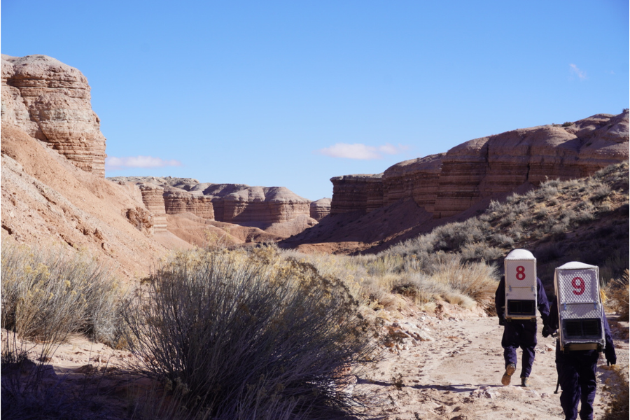 Analog astronauts exploring terrain