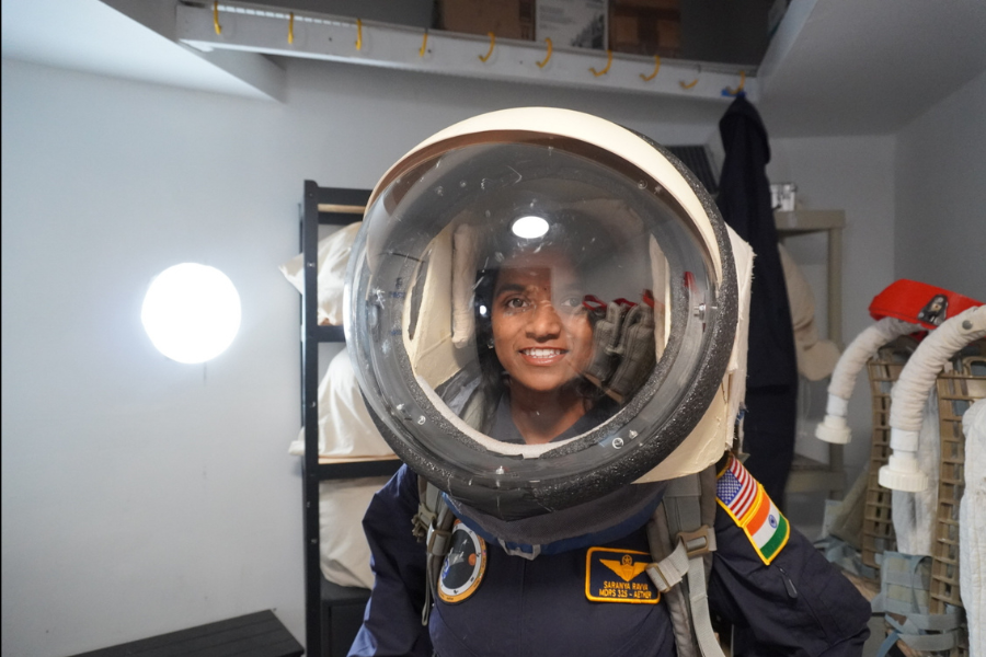 Analog astronaut helmet portrait