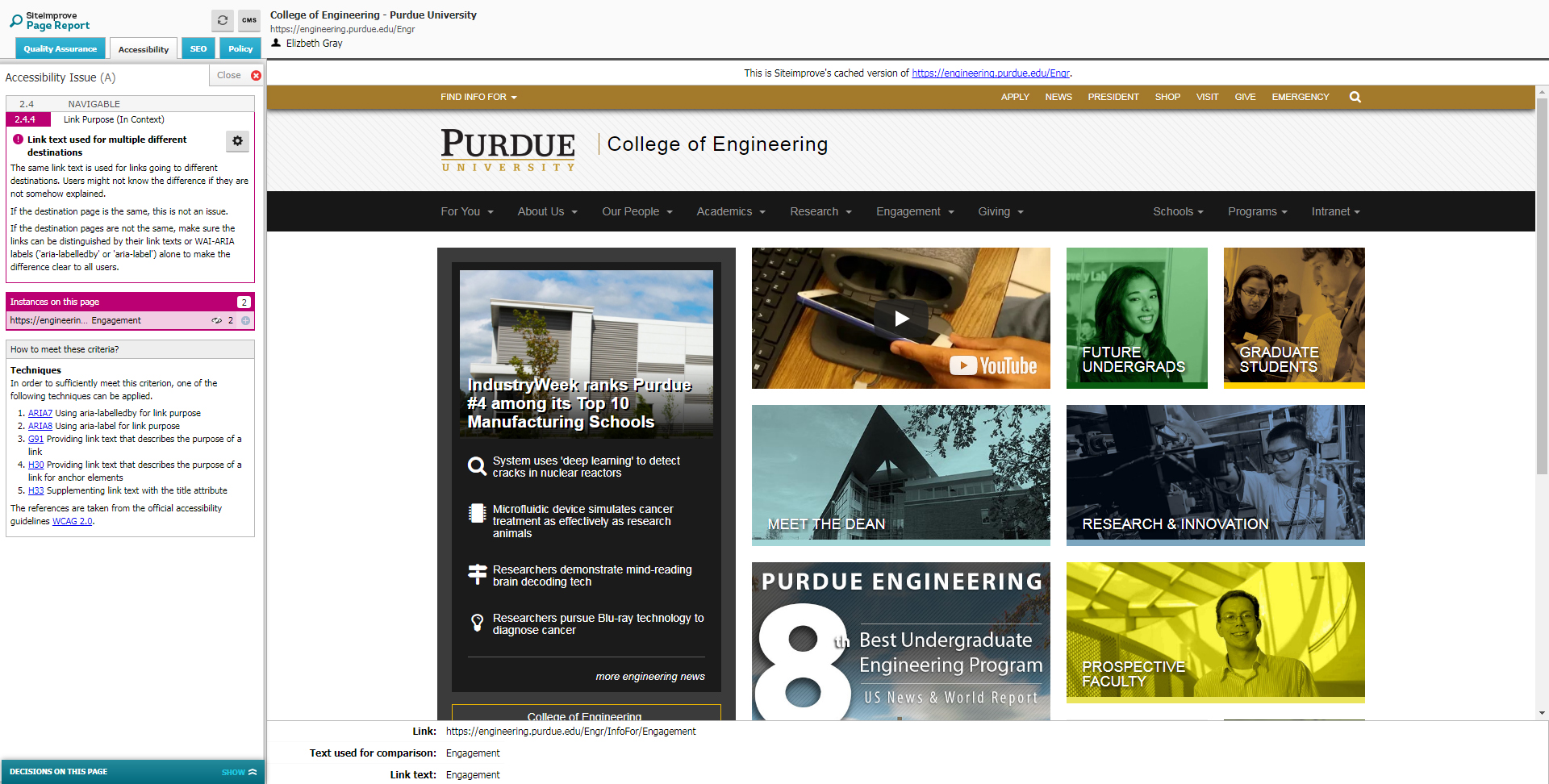 Site Improve Website - Specific page showing an Accessibility error on a page.