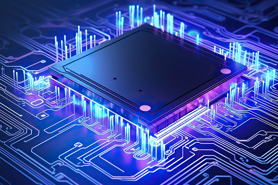 Stock illustration of a chip. It is surrounded by highlighted cirucits.