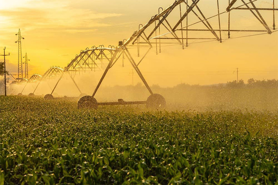 A large irrigation system efficiently waters a vast agricultural field under clear skies