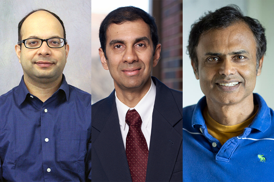 side-by-side headshots of Sumeet Gupta, Anand Raghunathan, and Kaushik Roy. Gupta and Roy are wearing blue shirts. Raghunathan is wearing a dark suit jacket, white shirt, and maroon tie.