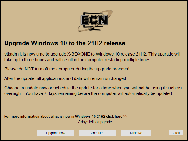 Upgrade Windows 10 to the 21H2 release example image