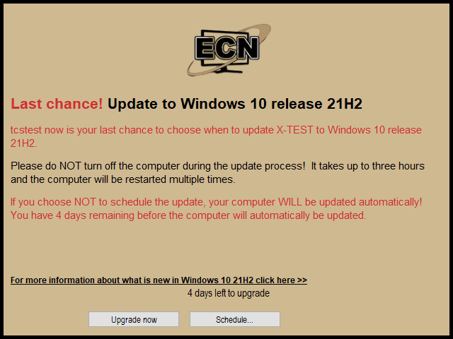 Last Chance! Update to Windows 10 release 21H2 example image.