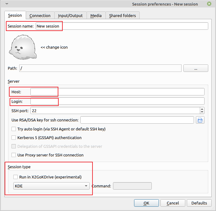 X2Go new session window with Session name, Host, Login, and Session Type input highlighted with a red rectangle