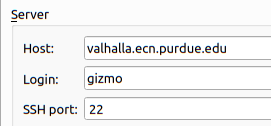 screen capture of the x2go client. Focused on server setttings with examples for the host and login fields