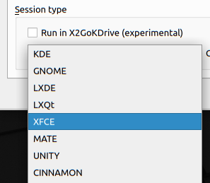 screen capture of the x2go client. Focused on the Session Type settings with the XFCE choice selected