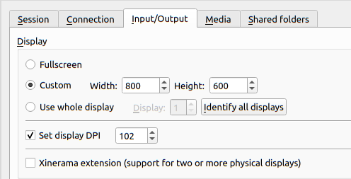 image capture of the x2go client. Focused on the Input/Output tab of the session settings