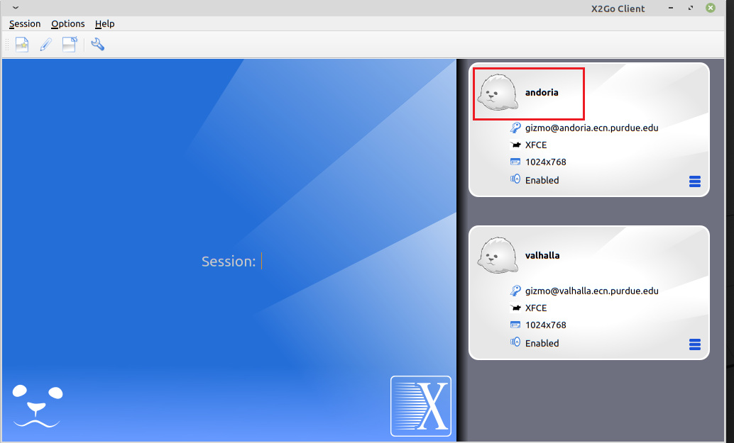 screenshot of the X2Go window with a session name highlighted