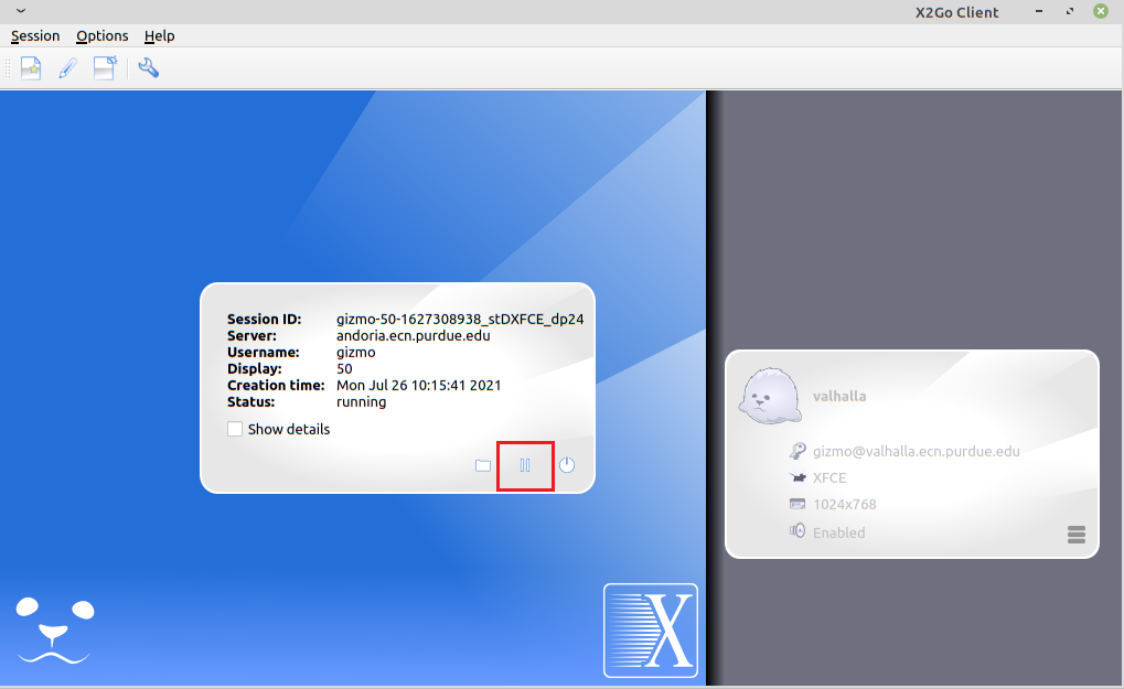 Screen capture of the X2Go window with an active session. The Pause Session  button is highlighted.