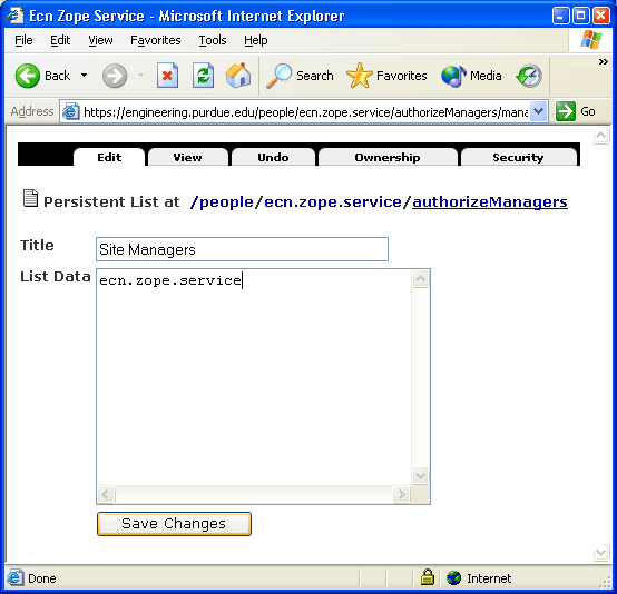 Screenshot of Site Managers List in Zope.