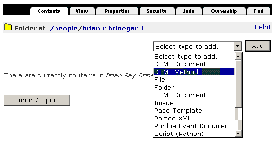 Zope Management Interface for 
Folder with Drop Down