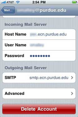 Lower portion of IMAP Account Information screen