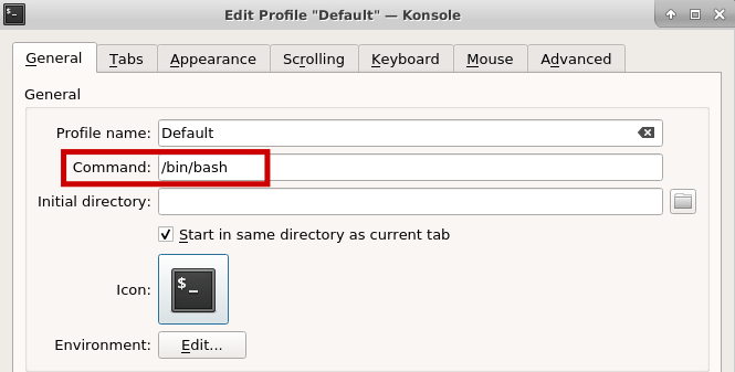 General menu tab with the Command input box highlighted by a red rectangle. Showing the value of "/bin/bash"