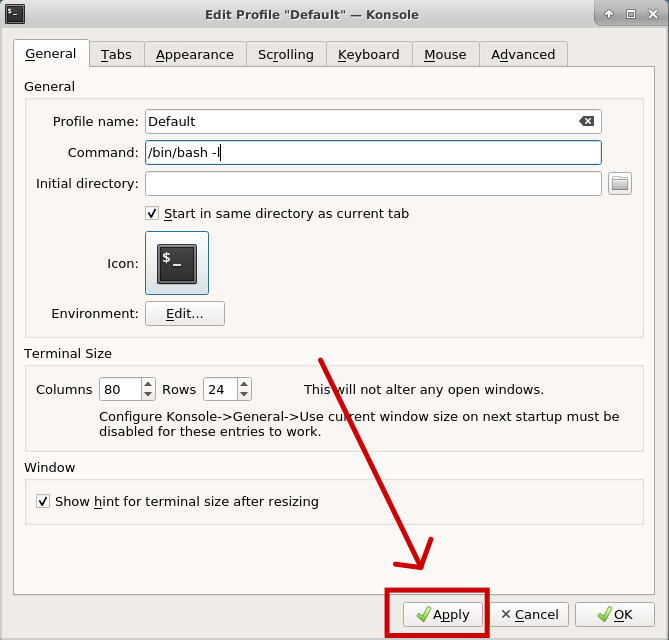 Window with a red arrow pointing to the Apply button that is highlighted by a red rectangle.