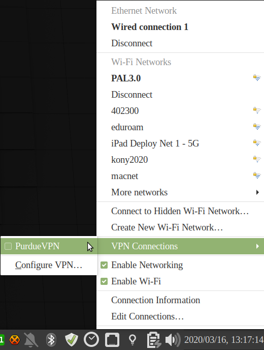 Network Manager menu with VPN Connections selected as well as PurdueVPN connection
