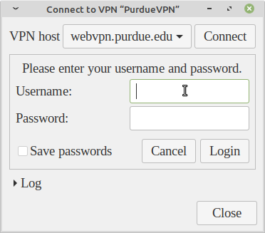 Connect to VPN menu with Username and Password fields