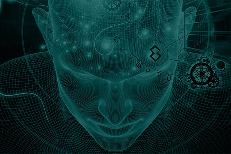 Stock image of a human face comprised of a light green mesh.